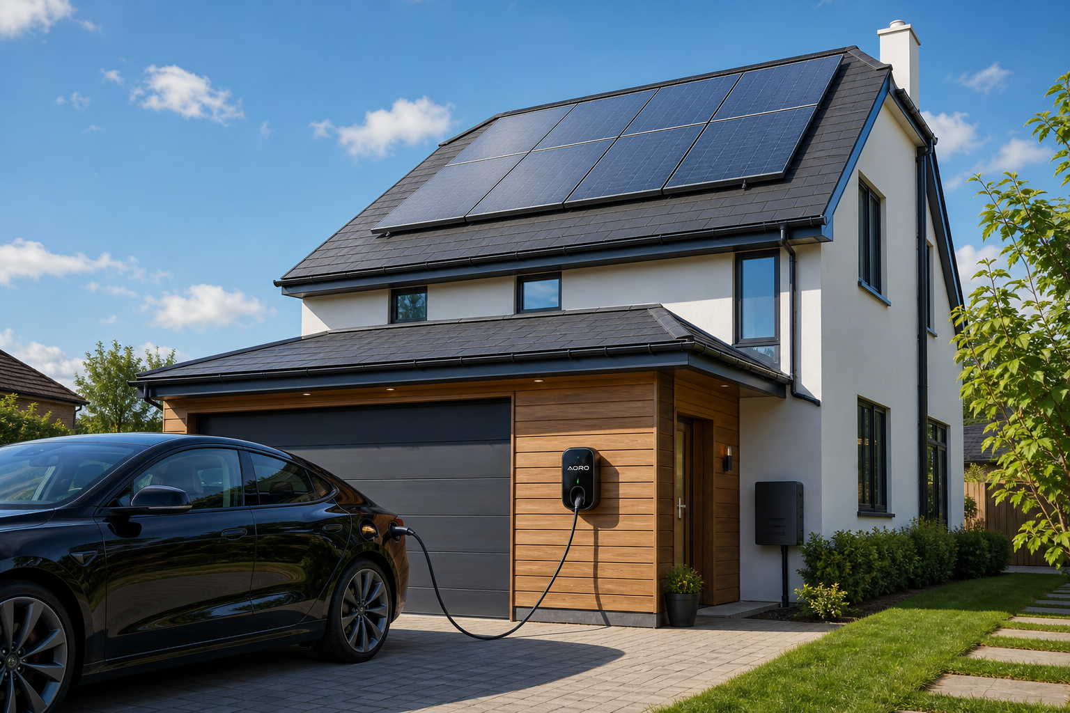 UK home with solar panels and AORO EV charger